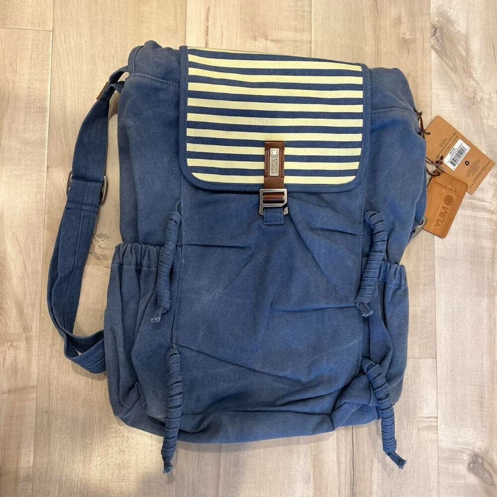 Blue and white striped backpack